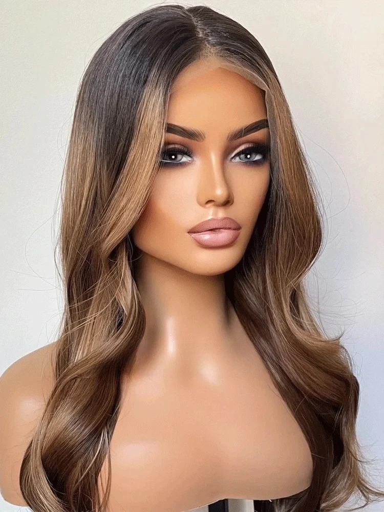 Heat Safe Synthetic Lace Front Wig With Black Roots and Bronzy Blonde Highlights 24 Inches Bouncy Wavy Wig For Women Realistic