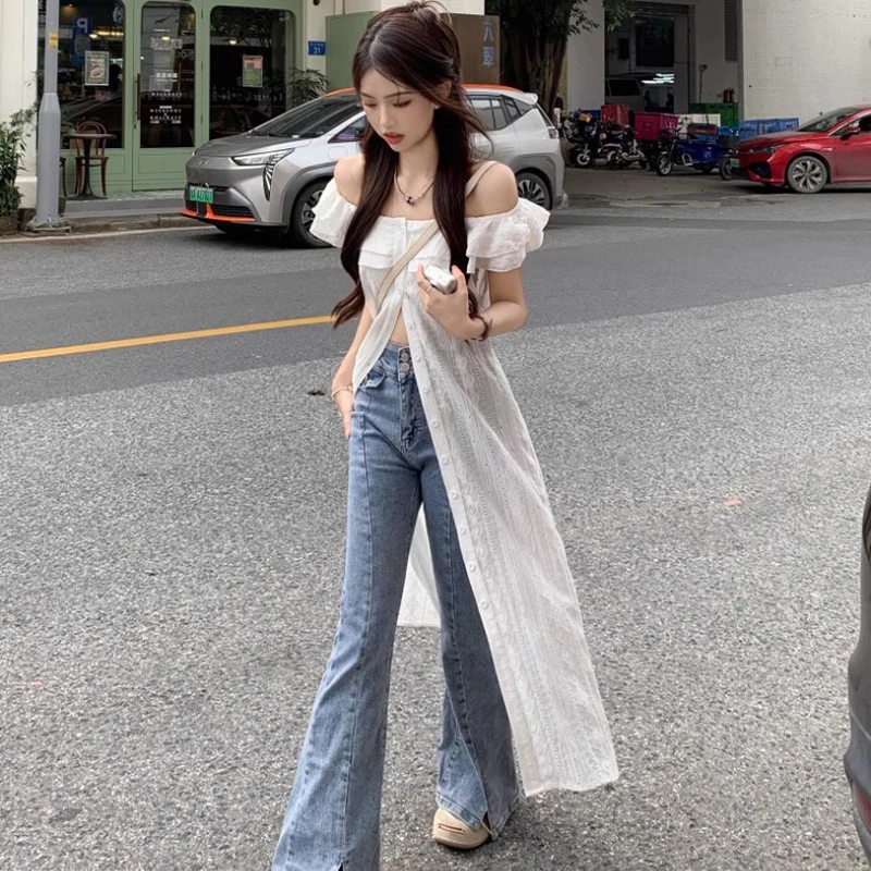 Y2K SlashคอMidiชุดผู้หญิงแฟชั่นเซ็กซี่Rufflesลูกไม้Sheerชุดสีดําฤดูร้อนเกาหลีความงามออกแบบสบายๆVestidosใหม่