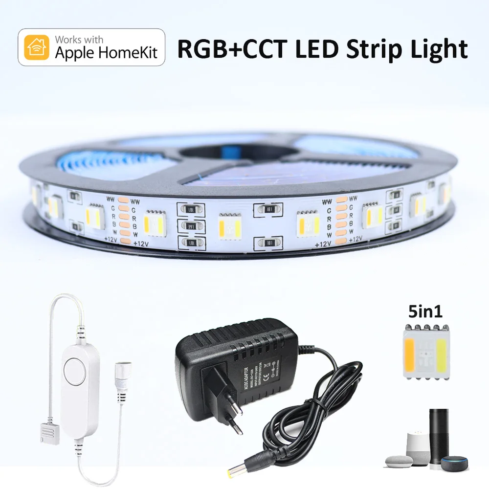 Homekit WiFi 5in1 chip RGBCW Smart LED Strip Light 12V 1m 2m 3m 4m 5m RGB+CCT Flexible Dimmable Lamp + Power Siri Voice Control