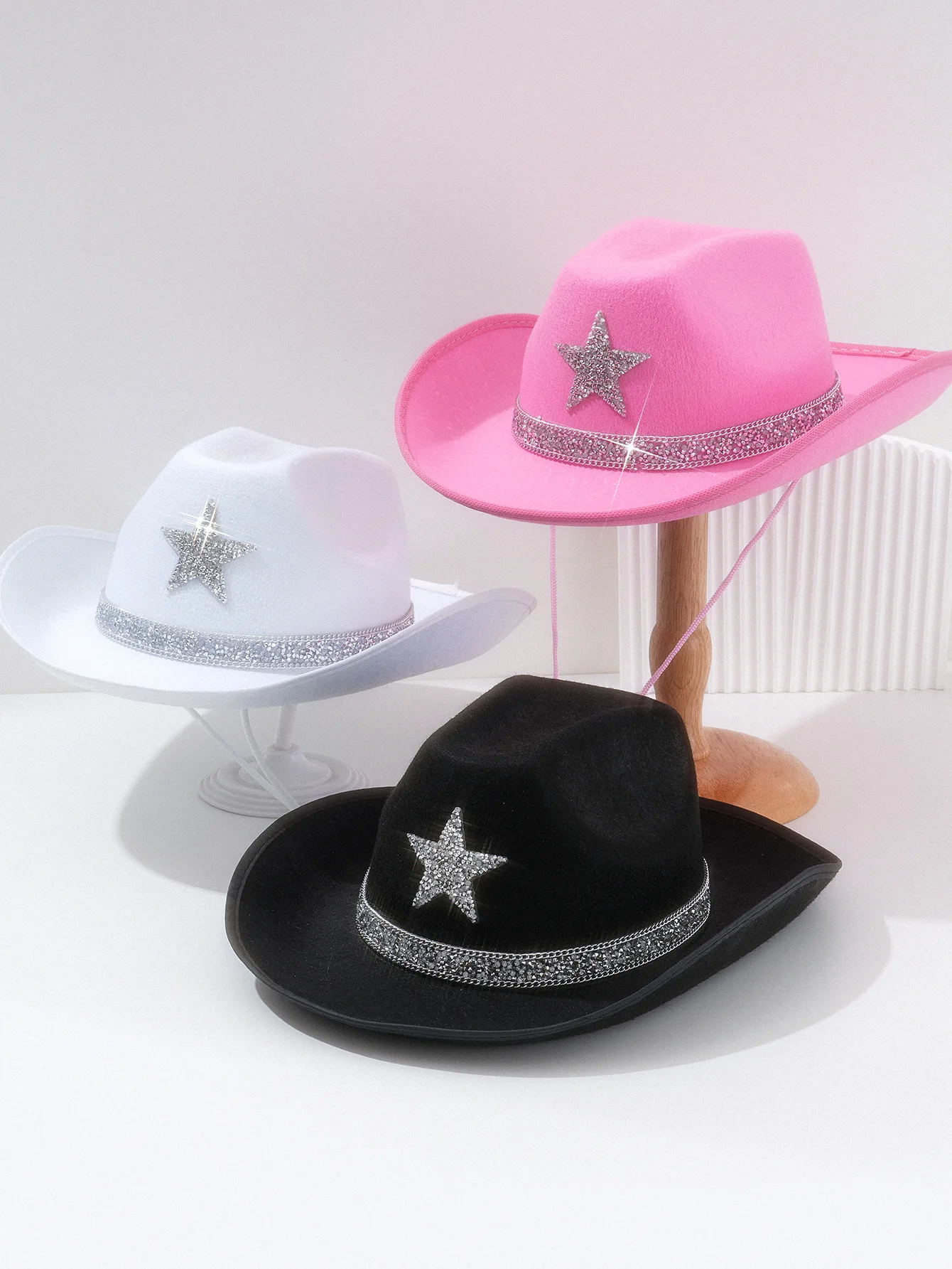 

Western Cowboy Hat Wide Brim Unisex Rhinestone Star Decor Beach Party Hat with Belt for Women Men​​