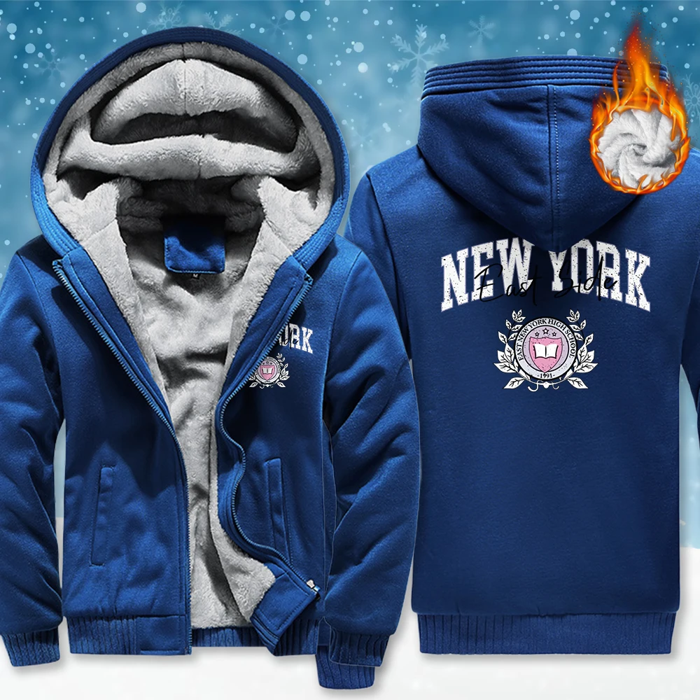 

New York East Side Print Zipper Jacket Male Fashion Thicken Fleece Top Winter Loose Hoodies Casual Pocket Long Sleeve For Men