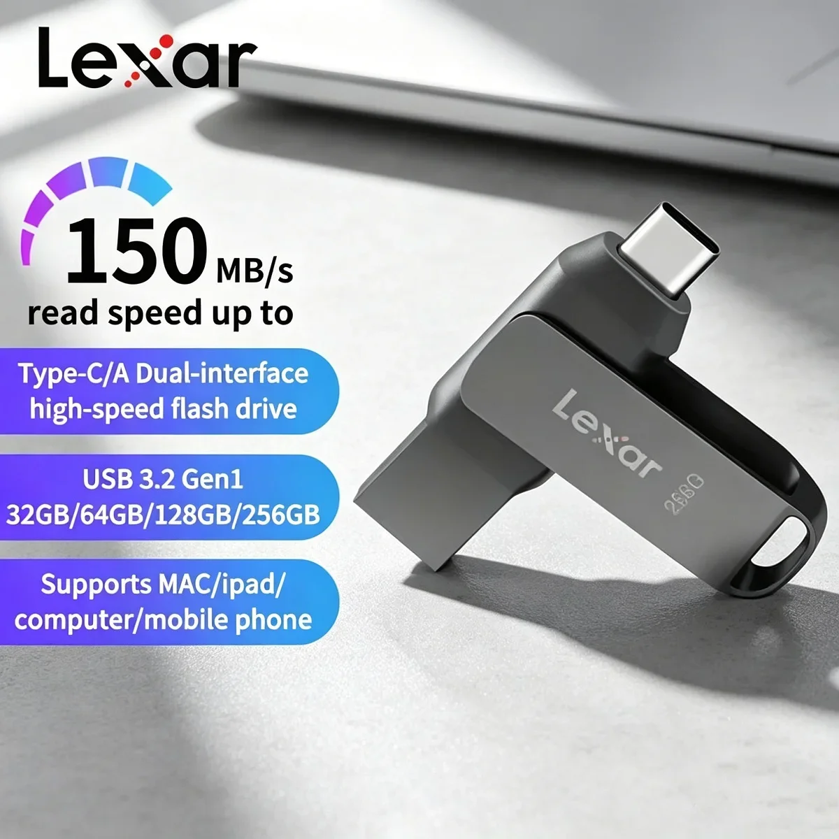 Lexar D400 Dual Port Metal Flash Drive USB 3.1 Type-C 130MB/s 32GB 64GB 128GB 256GB for Computer Mobile Phone