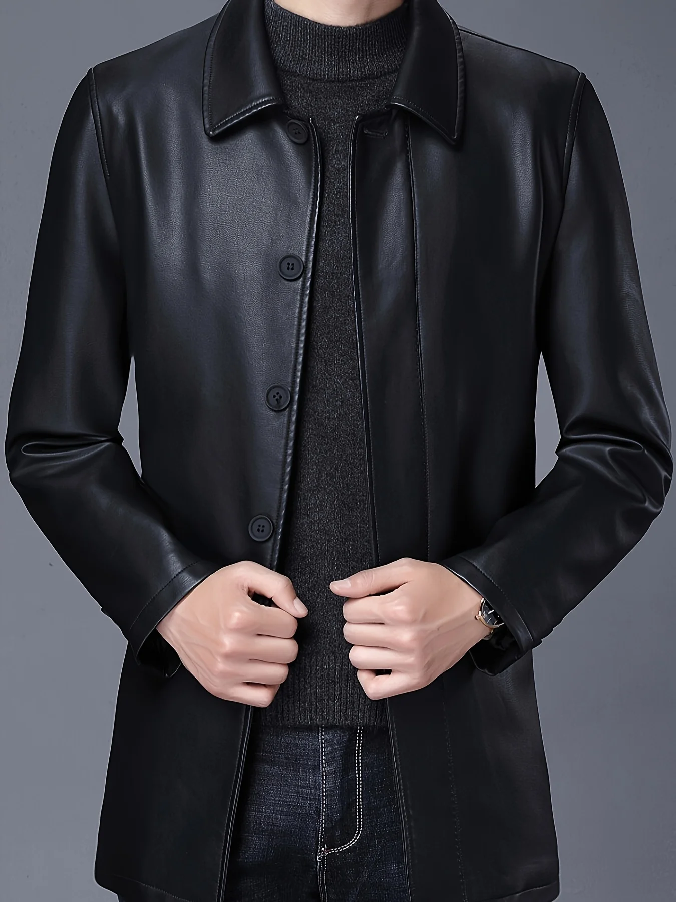 Classic Mid-Length Lapel Trench Coat with Fleece Lining for Warmth, Leather and Fur Integrated Men's Pu Coat, Luxurious Business