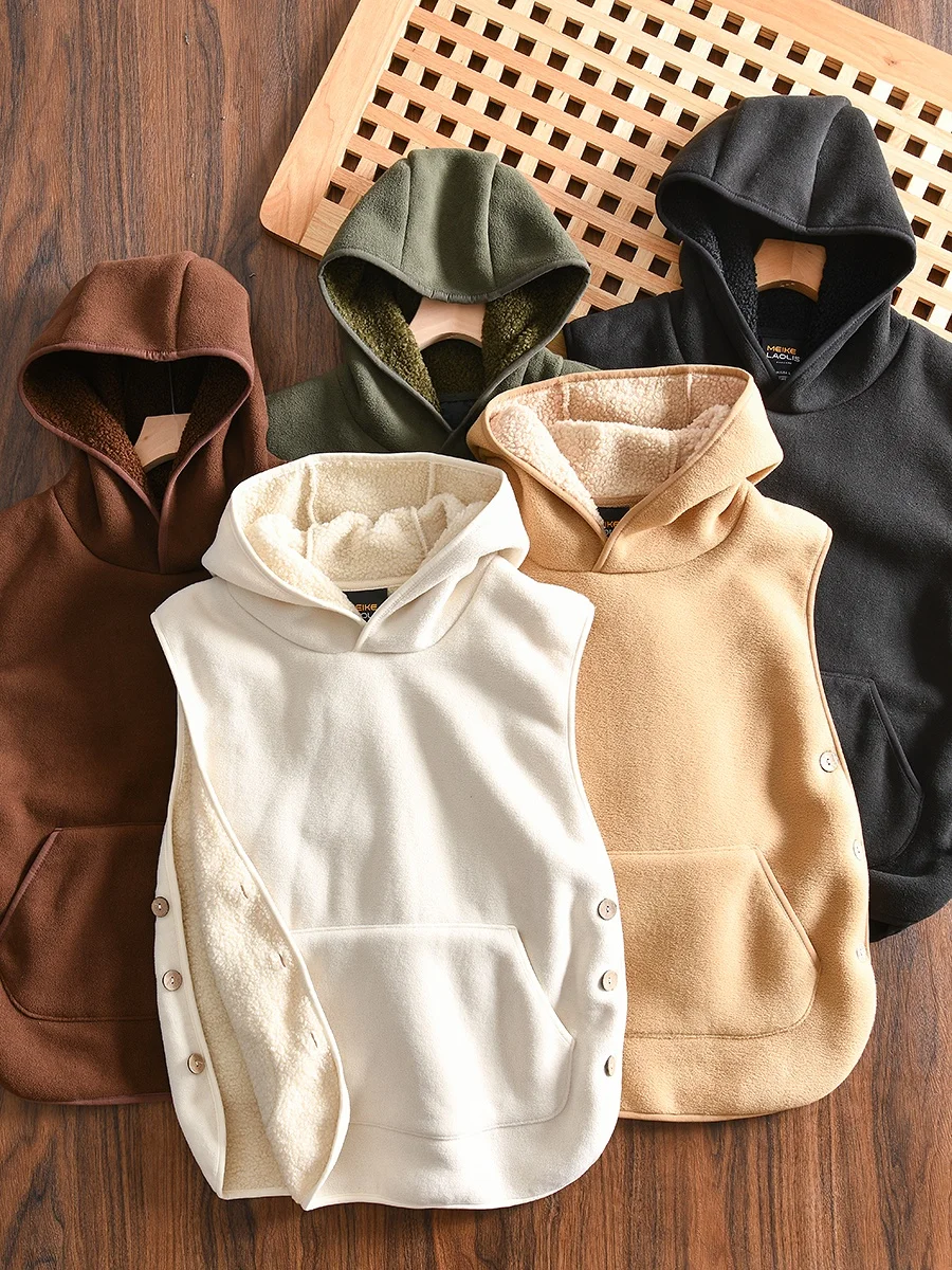 

Soft Fleece Lined Hooded Vest Men's Autumn Winter Thickened Standard Fit Youth Casual Fashion Polyester Fiber Pure Color Vest