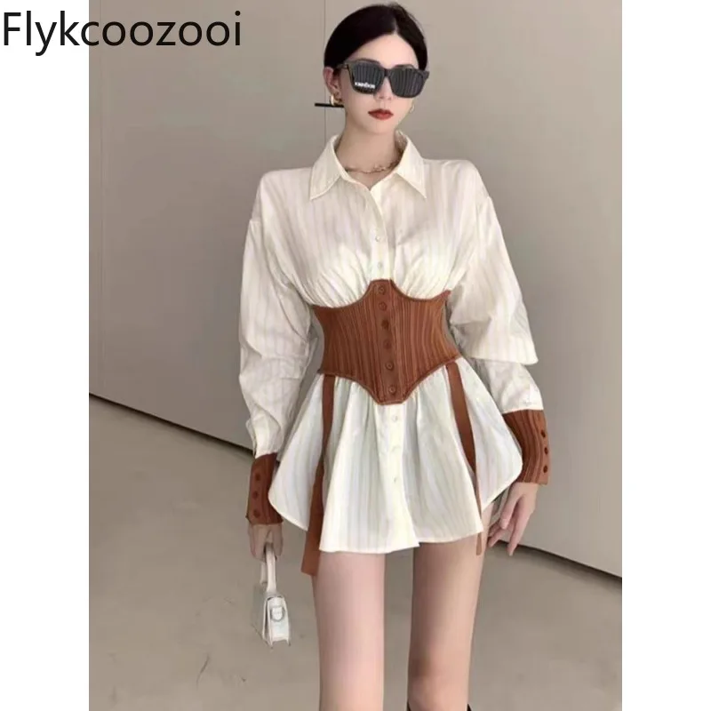 

Big Size Striped Polo Neck Patchwork Waisted Shirt Women Long Sleeve Single Breasted Long Blouse Autumn Chic Elegant Slim Top