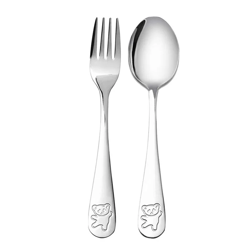 

AONEQ-18X Stainless Steel Child Safety Cutlery Bear Children Spoon And Fork Set Toddler Utensils Metal Cutlery Set