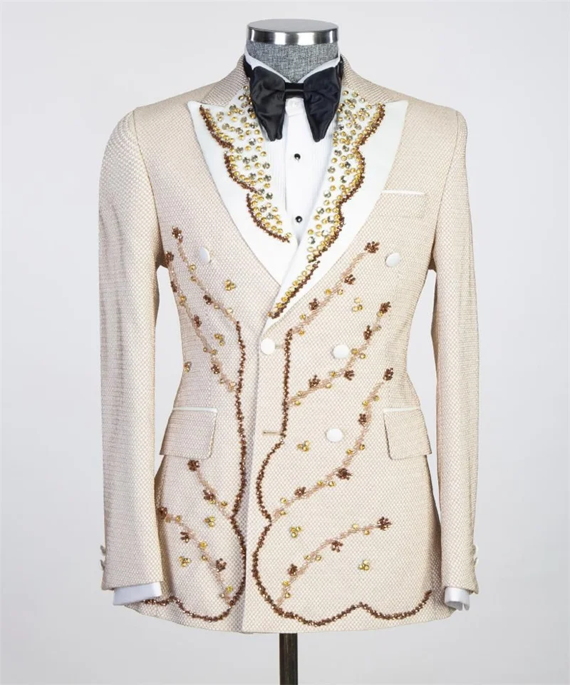 

Ivory Men Suit Set 2 Pieces Crystals Blazer+Pant Trousers Customized Formal Office Jacket Prom Groom Wedding Tuxedos Coat