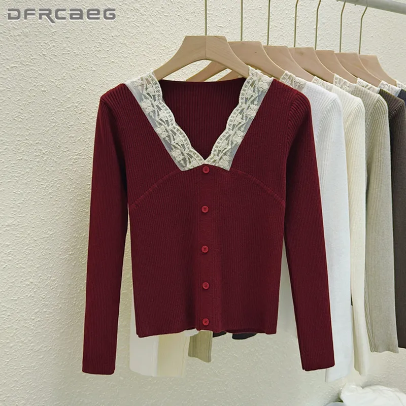 

Wine Red Patchwork Lace Women's Knitted Tank Top Summer High-Stretch Long Sleeve Sexy V-Neck Shirt Clothes