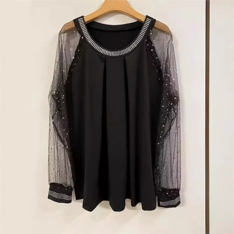 Woman Casual Rhinestone Sheer Mesh Patch Glitter Top Female Clothing New Women'S Fashion Long Sleeve Daily T-Shirt