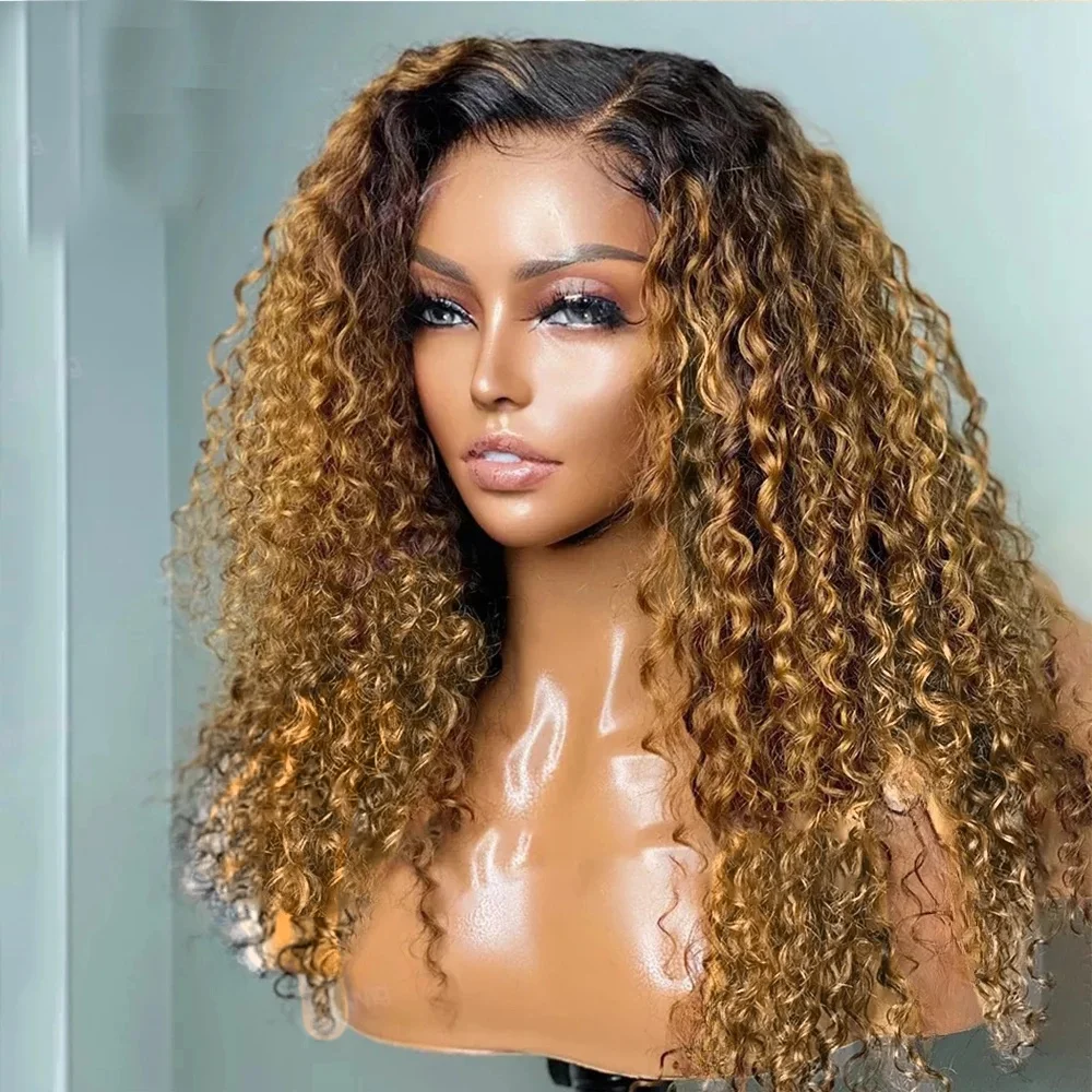 Peluca con malla frontal Natural de 26 pulgadas para mujer, pelo largo rizado, ombré, marrón, Rubio, densidad de 180, sin pegamento, sintético, prearrancado para uso diario