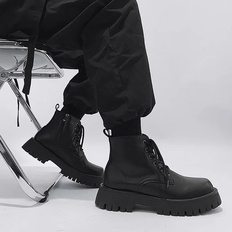 Side Zipper Men Outdoor Boots Black Comfortable Ankle Boots for Men Shoes Wear-resistant Lace-up Short Men's Motorcycle Boots