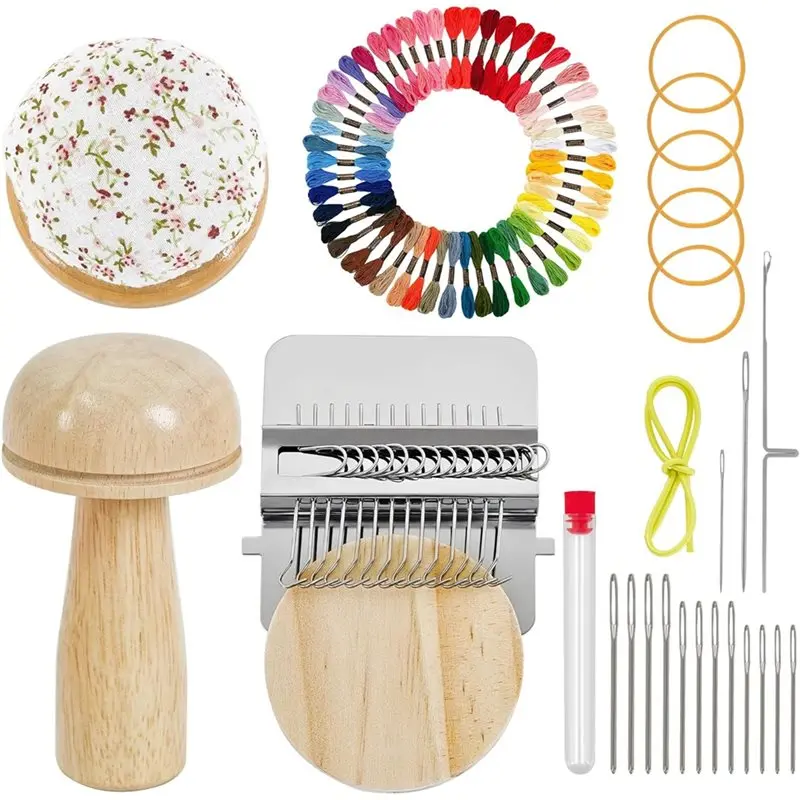 HLZS-Mini Darning Loom With Mushroom Knit Patch Kit Weaving Needles Threads For Handcraft DIY Weaving Repair Tool Darning Kit