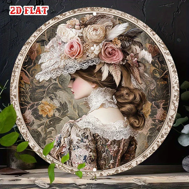 Round Wooden Sign Vintage Victorian Lady Profile Lace Floral Feather Hat Retro Baroque Elegant Farmhouse Wall Hanging Decor Plaq