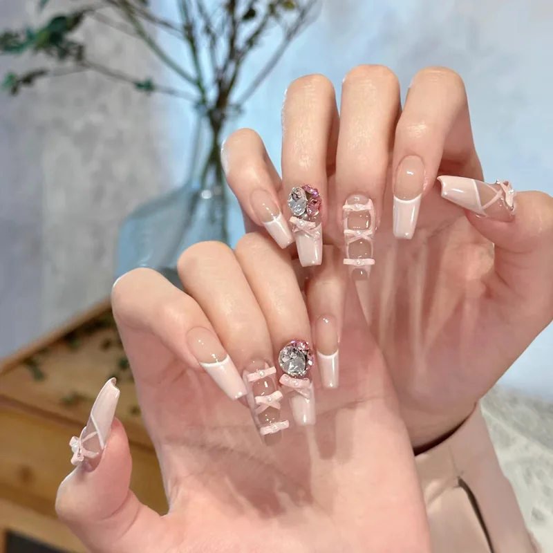

24pcs Press on Nails White French Ballet Shoes Striped Pearls Full Coverage Nail Pieces for Women&Girls Detachable Wearable Nail