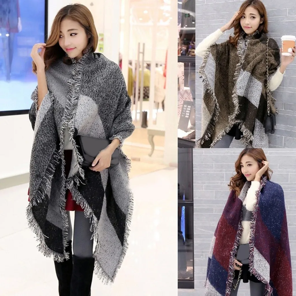 Fashion Warm Large Scarves for Women's Long Cashmere Winter Wool Blend Soft Warm Plaid Scarf Wrap Shawl Plaid Scarf