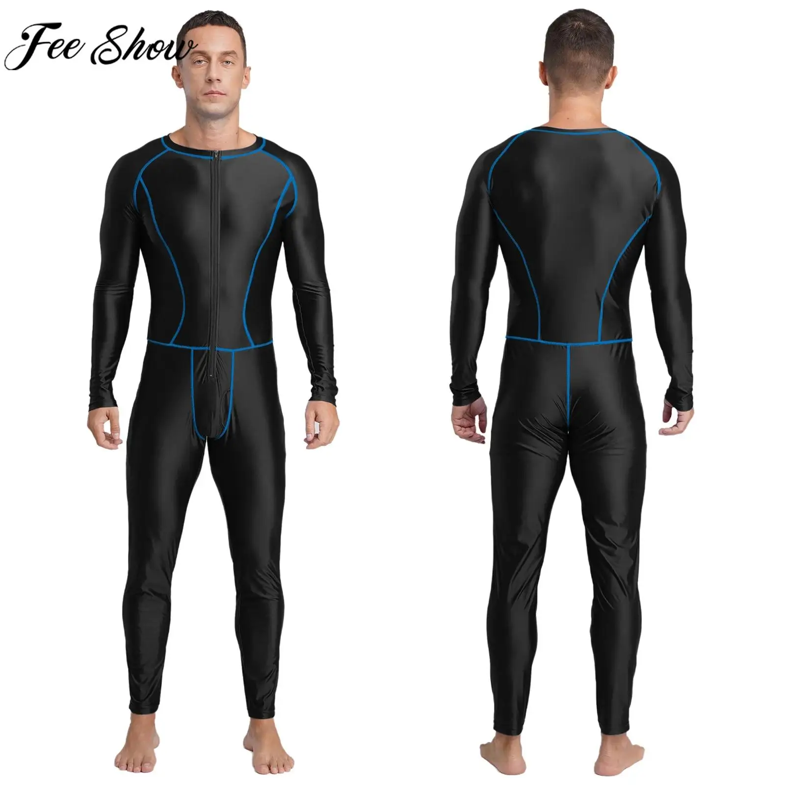 Glänzender Schwimmoverall für Herren, Bademode, Rashguard, Neoprenanzug, Tauchanzug, lange Ärmel, Reißverschluss, schmaler Body für Yoga, Fitness, Workout