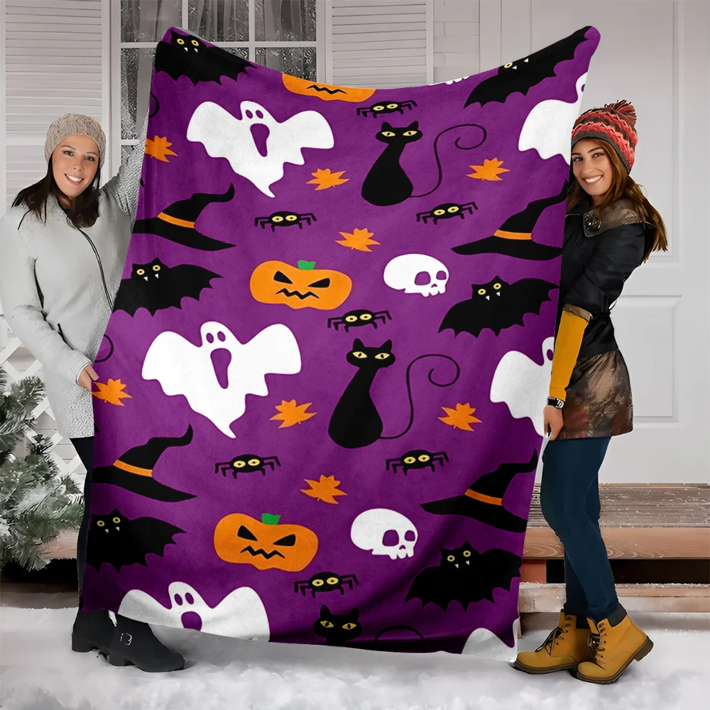 1 Piece American-Style Halloween Purple Cartoon Ghost Black Cat Witch Hat Blanket, Soft Flannel Dormitory Nap Shawl Blanket