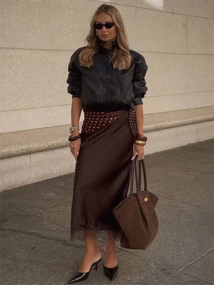 

Fashion Autumn Lace Maxi Skirt For Women High Waist Slim Satin Elegant Commute Party Looks Female Printed Lace Long Skirt