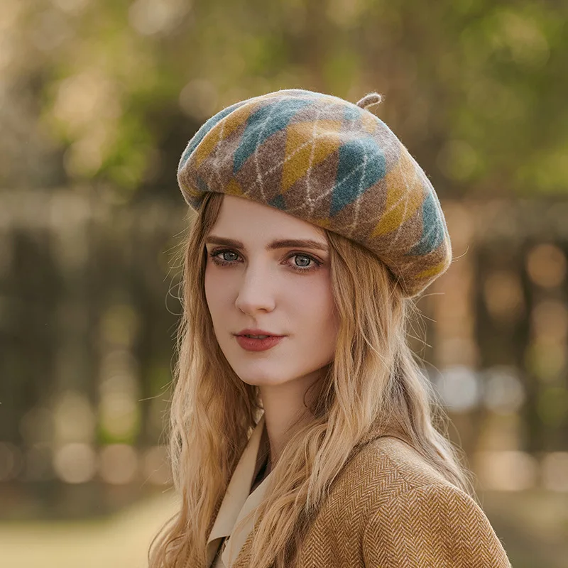 New Arrival Contrast Wool Lady Women Beret Casual Autumn Winter Warm Plaid Artist Hat French Elegant