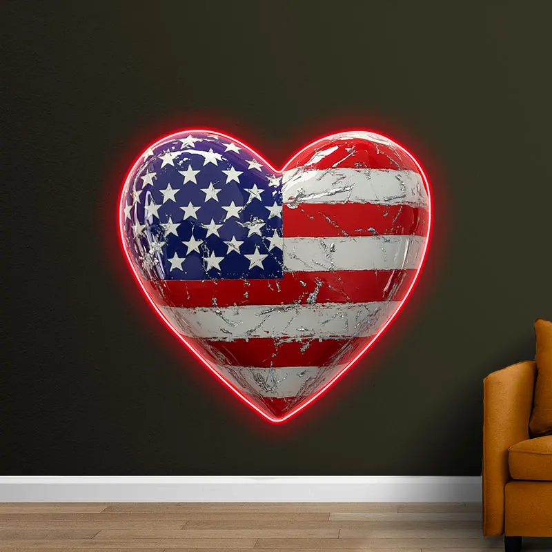 Heart-Shaped American Flag Neon Light – Patriotic LED Wall Sign for USA Home Décor, Independence Day, Vintage Flag Art, Red Neon