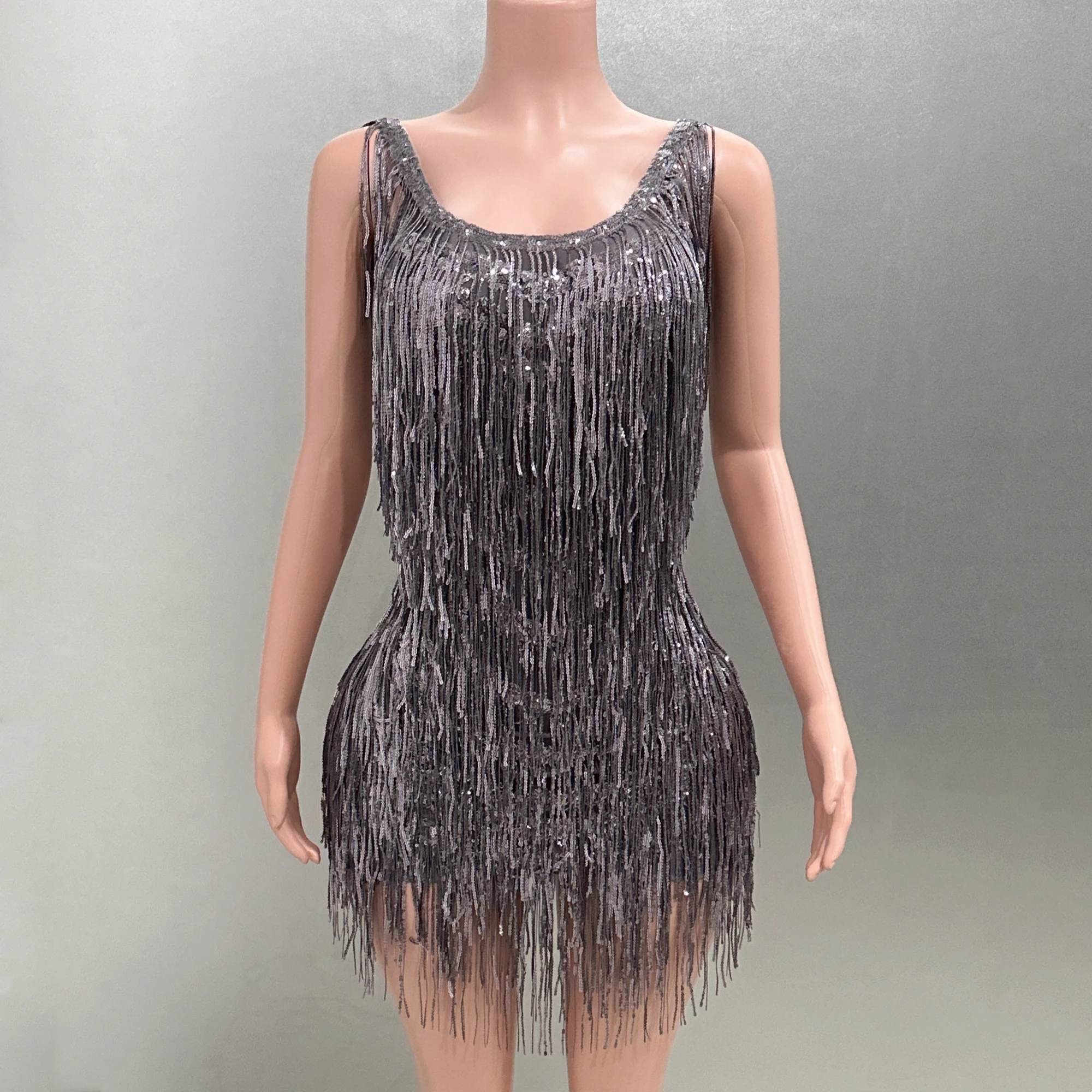 

Darkgrey Color Women Sleeveless Sexy O-Neck Sequins Tassel Bodycon Mini Dress Birthday Party Celebrate Nightclub Wear