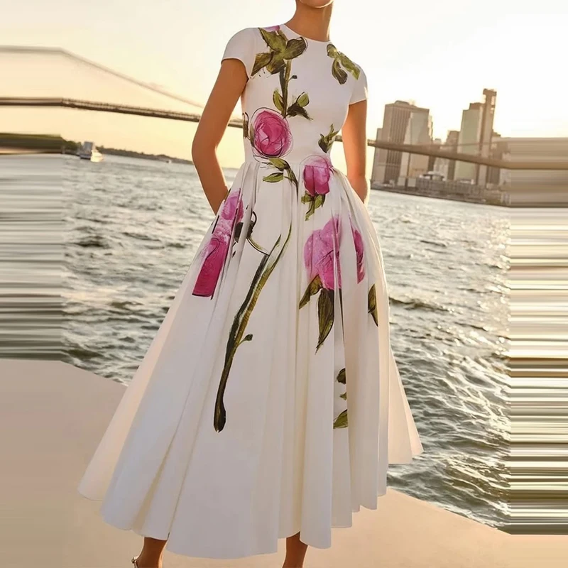 

Lady Fashion French Style Draped Holiday Dress Casual Short Sleeve Waist Long Dress Elegant Round Neck Floral Print A-Line Dress
