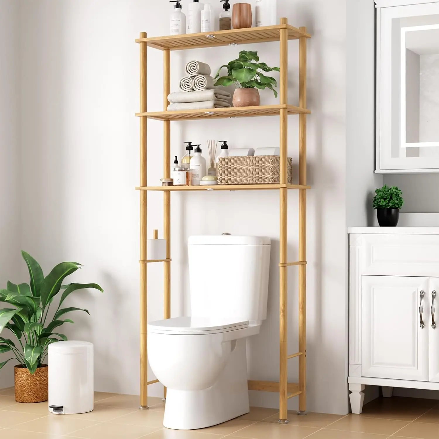 

3-Tier Bamboo Bathroom Organizer with Paper Holder, Over Toilet Storage for Laundry and Balcony, Natural Finish