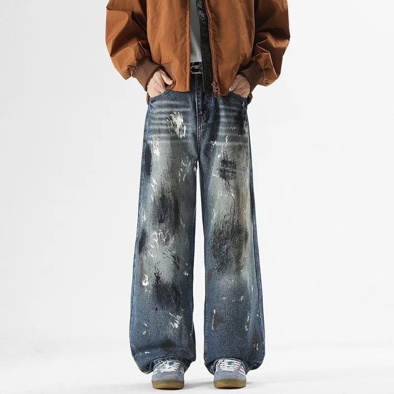 

Мужские джинсы в американском стиле с эффектом брызг краски, граффити и контрастными цветами, повседневные, новые, осенние, широкие, свободные, модные