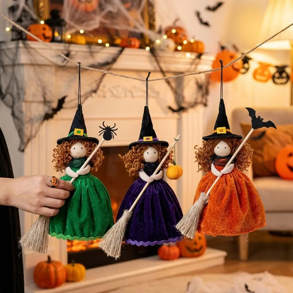 Handmade Halloween Broom Girl Pendant Velvet Skirt Pumpkin Bat Spider Witch Broom Doll Hanging Ornament Soft Stuffed