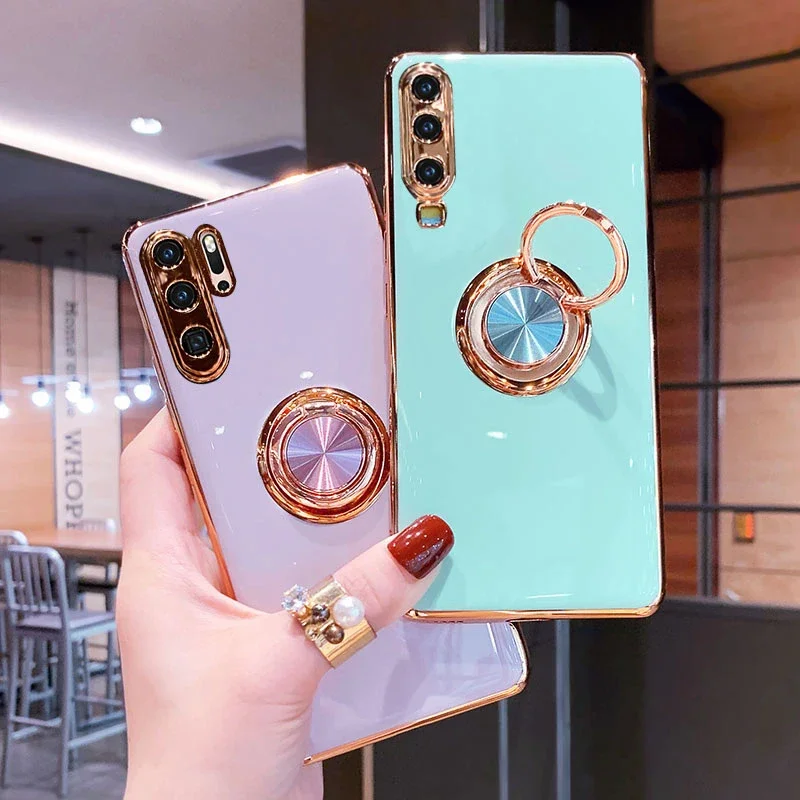 Luxury Plating Silicone Case For Huawei P30 P20 P30Pro P20Pro Phone Soft Magnetic Full Protective Cover With Ring Holder Stand