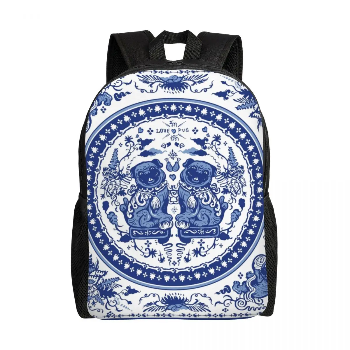 Pugs In Chinese Porcelain Backpack College School Students Bag Fits Laptop Oriental Chinoiserie Pattern Large Capacity Backpack