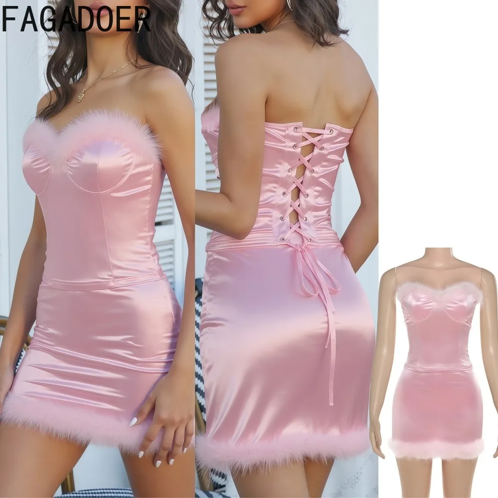 

FAGADOER Sexy Fur Patchwork 2 Pieces Set for Woman Outfits Solid Sleeveless Backless Crop Top and Skirt Female Party Clubwear