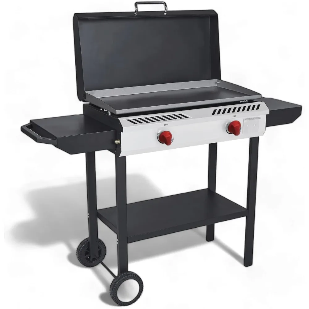 2-Burner Propane Stove with Flat Top Grill, Cover and Side Shelves, Pre-Seasoned Flat Top Propane Grill and Griddle