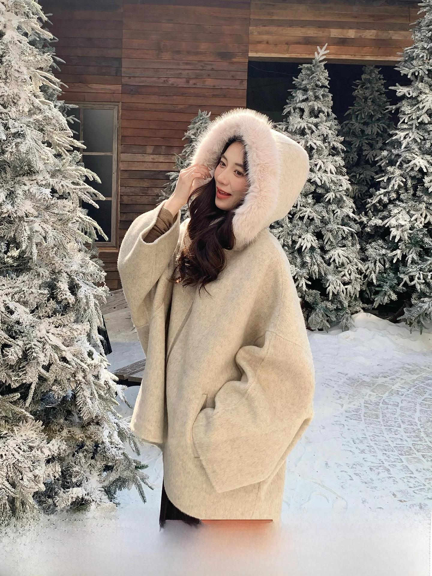 

INON Double-Sided Woolen Coat with Hat And Large Fur Collar Women's Autumn Winter Wool Rabbit Fur Silk Blend Slimm...