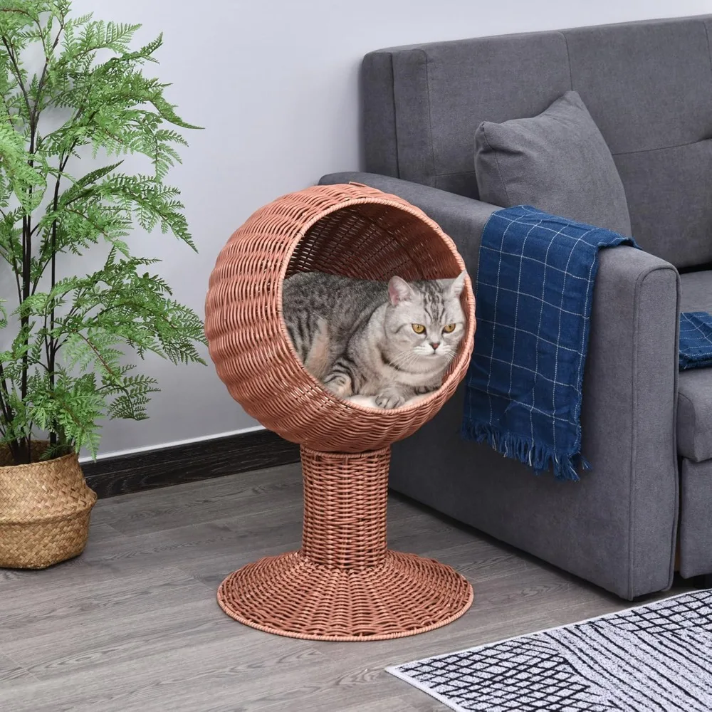 

Elevated Cat Bed with Rotatable Egg Chair Pod, Cat Basket Bed with Thick Cushion, Natural Mat Grass Woven Kitty House
