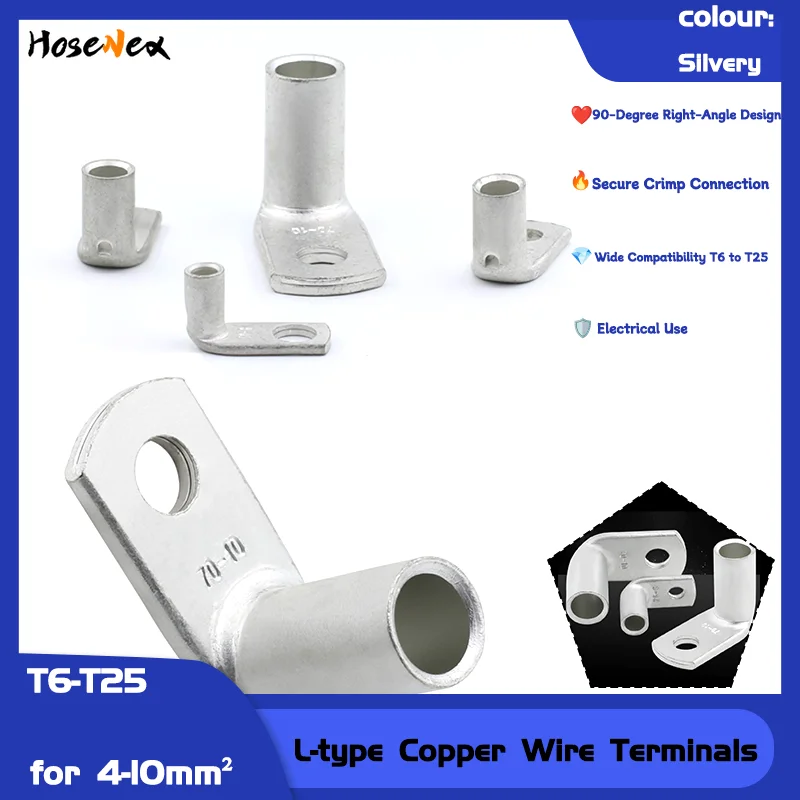 

Right Angle L-Type Cable Lugs, Tinned Copper Crimp Connector Terminals T6-T25 for 4-10mm² Wires (5-200 Pcs) Connectors Terminals