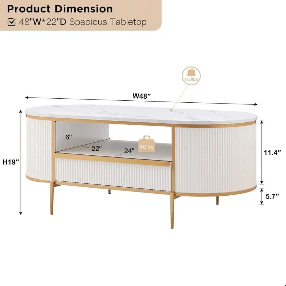 Mesa de centro canelada de luxo moderna, mesa de centro oval de 48" com gaveta, tampo de mármore falso, design de perfil curvo, decoração de metal dourado