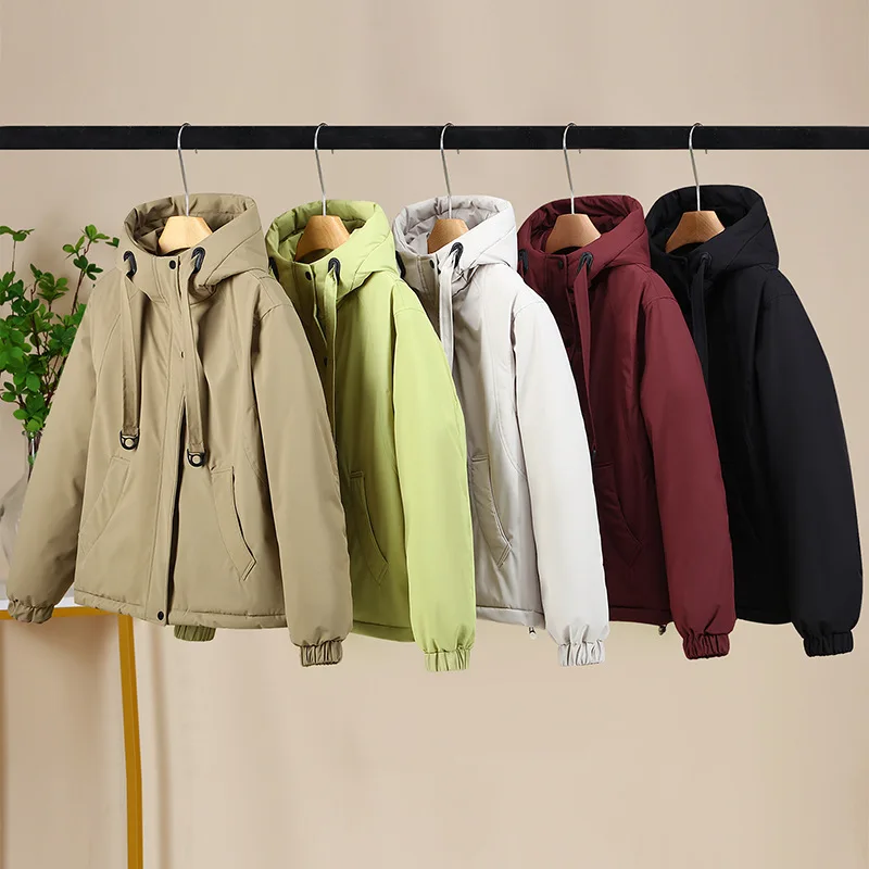 

Women Short Parkas Coats Hooded Overcoat Solid Drawstring Zipper Long Sleeve Looose Fit Thick Casual Office Lady 2025 Winter