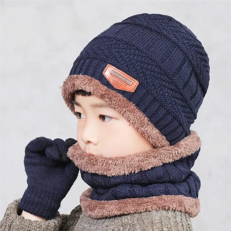 Children\'s Knitted Hat and Scarf Gloves Set Warm Plush Hat Outdoor Ski Cap Solid Scarves, Boy Girls Kids Winter Warm 3 Pcs Suit