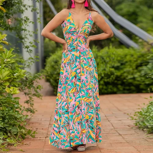 Imagen 2 del producto Vestido de playa elegante sin mangas con cuello en V profundo, vestido bohemio de cintura alta a la moda para mujer, vestido largo plisado con estampado de patrón Vintage para fiesta