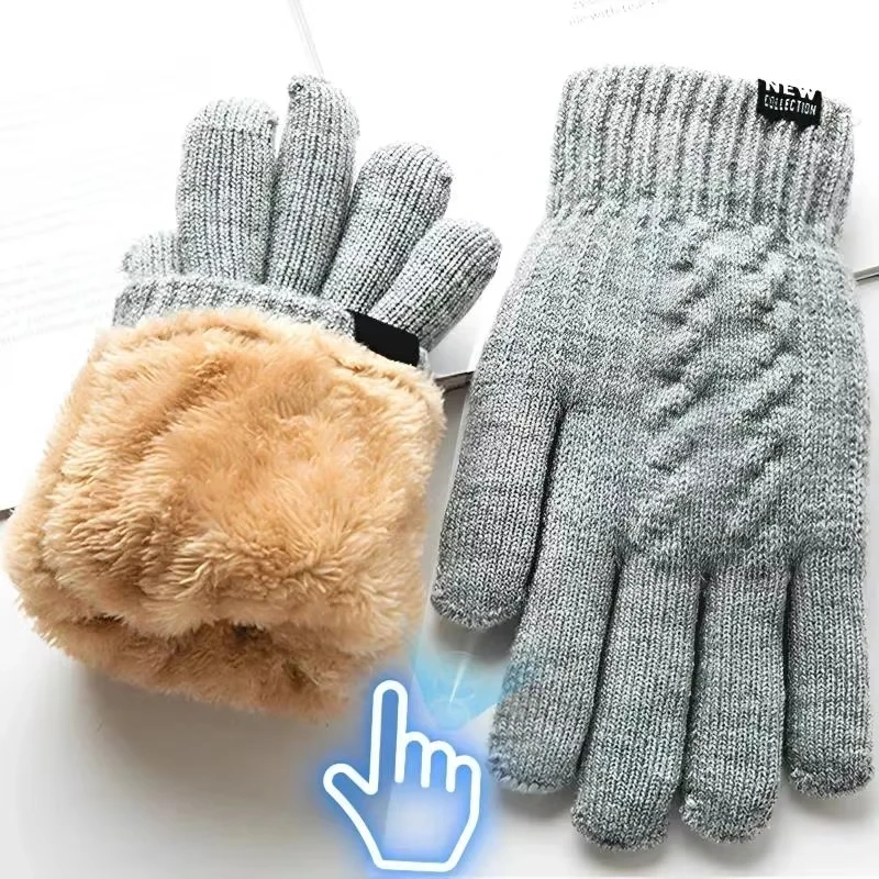 Nuevos guantes cálidos con dedos completos para hombre, guantes de invierno con pantalla táctil y forro polar para mujer, guantes de lana gruesos tejidos para conducir y ciclismo