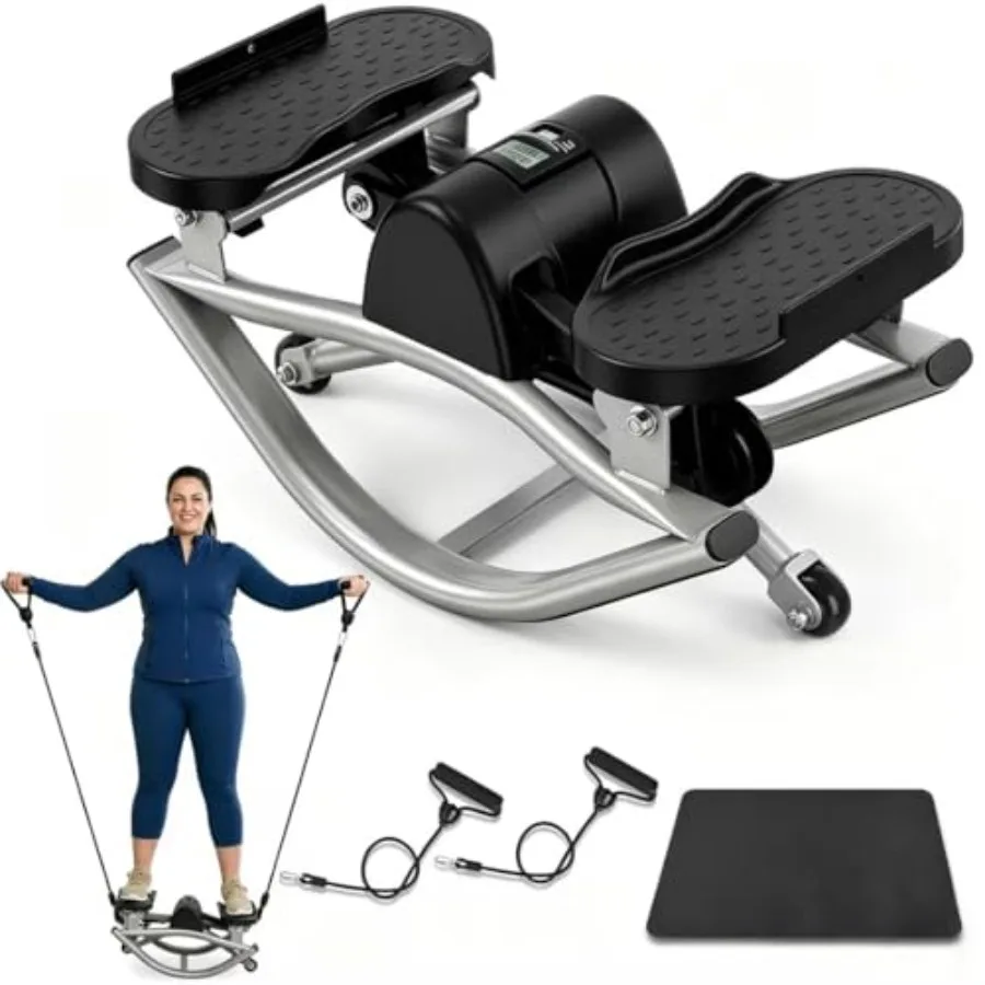 

Home exercise rocking stepper with steel frame black finish side-to-side motion resistance bands digital display 300 lbs capaci