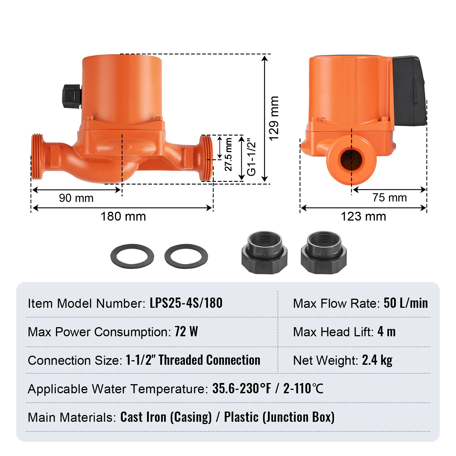 SucceBuy Heetwaterrecirculatiepomp 220V 50LPM / 60LPM 3-snelheden Stille werking Watercirculatiepomp voor boilersysteem