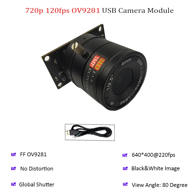 

720P 220fps Global Shutter USB2.0 Camera Module OV9281 1MP Module FF Fixed Focus Monochrome 80 Degree UVC Free Drive OTG Webcam