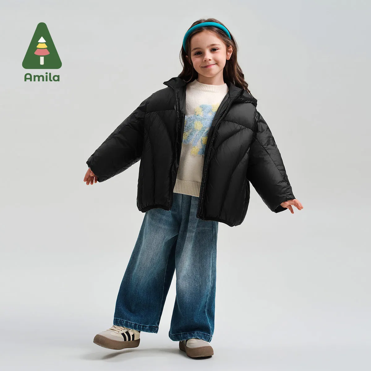 Amila Baby Jeans 2024 Winter New High Quality Girls Solid Color Soft Skin-Friendly Warm Plus Velvet Casual Children‘s Trousers