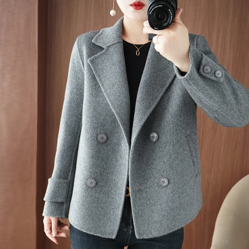 Casaco de lã de alta qualidade feminino duplo breasted primavera outono inverno 100% jaqueta de lã feminino curto outerwear chique versátil topo