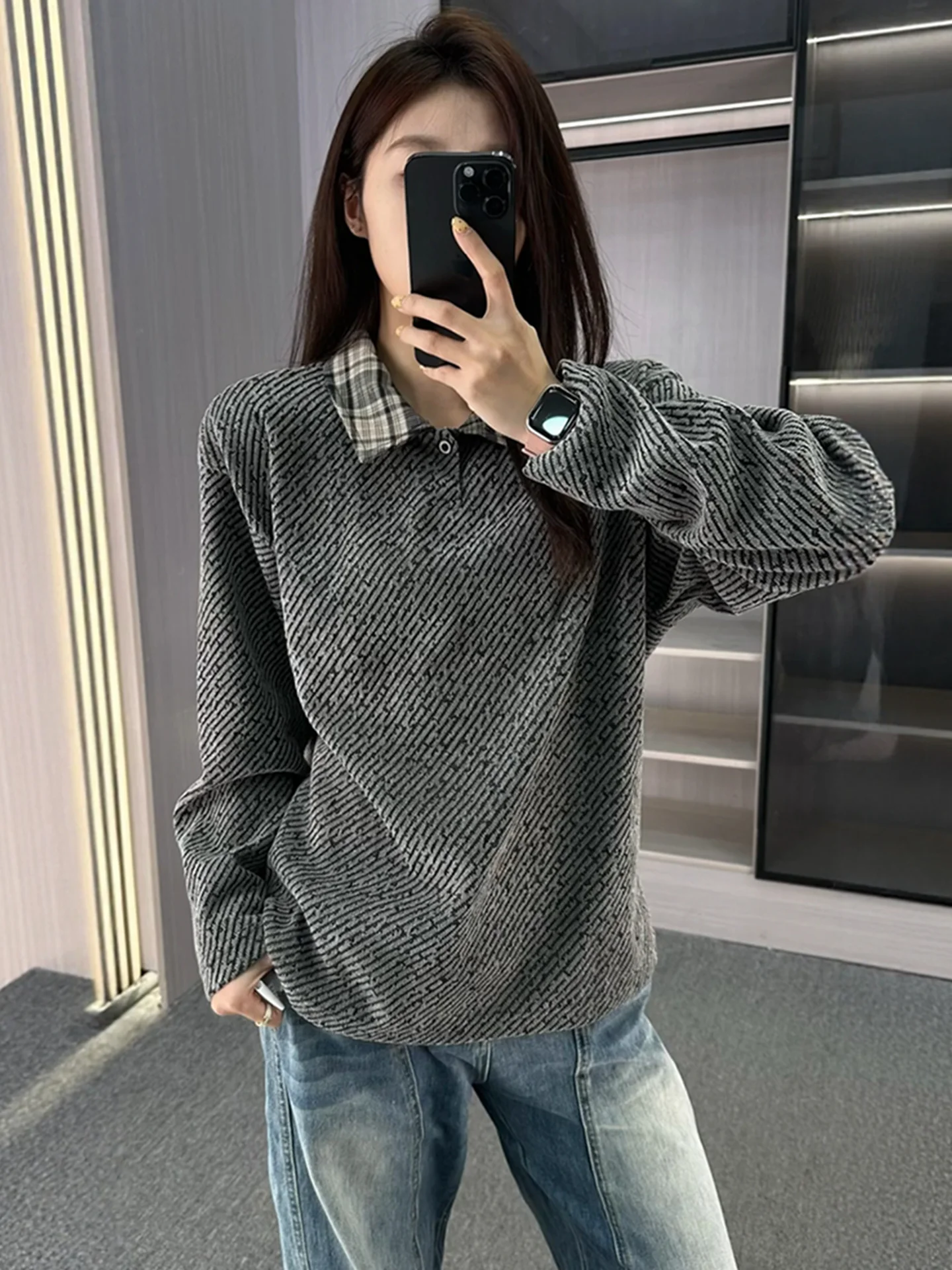 

Thiened Fce Long Sve Ne T-irt Men's Winter Warm Casual Sle Polyester Fiber Stri Splicing Sweatirt