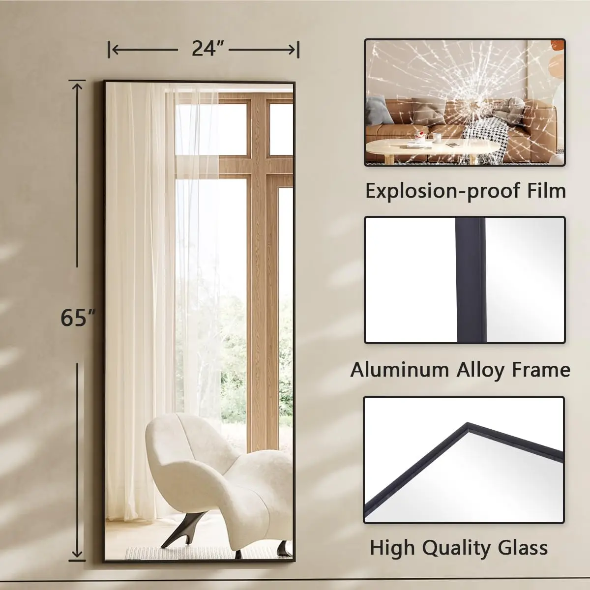 Зеркало с подставкой 65 х24 дюйма, полноразмерное зеркало с рамкой из алюминиевого сплава, подвесное или прислоненное к стене