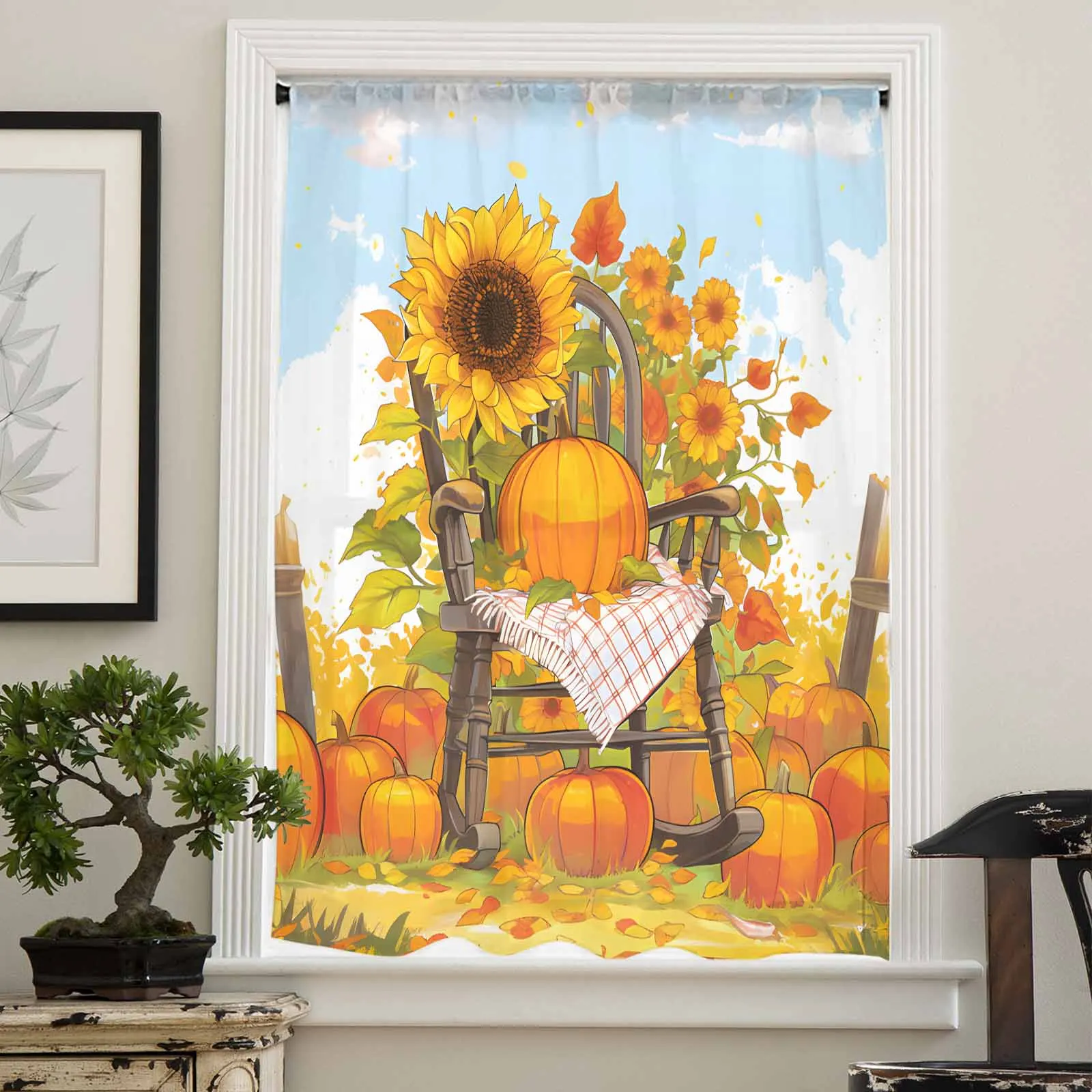 Autumn Retro Pumpkin Rocking Chair Sunflower Sheer Curtains for Living Room Bedroom Window Treatment Kitchen Chiffon Curtain