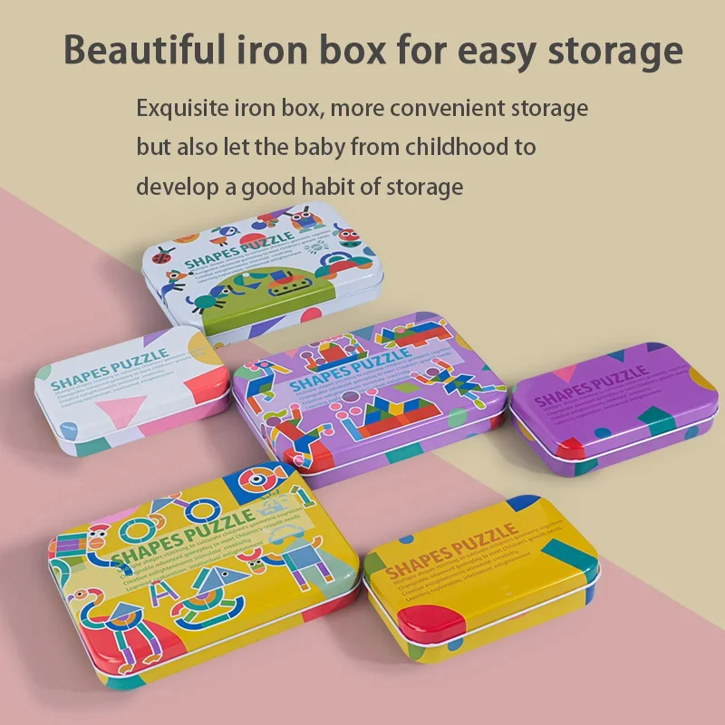 لغز الأشكال الهندسية خشبية للأطفال التعلم المبكر المعرفي مطابقة التنوير اللعب القصدير صندوق Tangrams